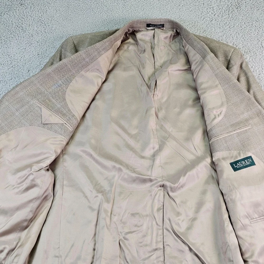 Lauren Ralph Lauren Sport Coat Mens 48R Beige Plaid Silk Wool Classic Fit Blazer